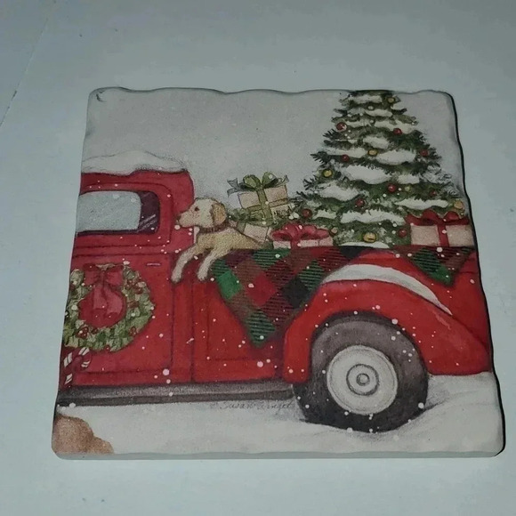 Red Truck and Dog Rustic Christmas Coasters Set of 4 NWT - Picture 4 of 6